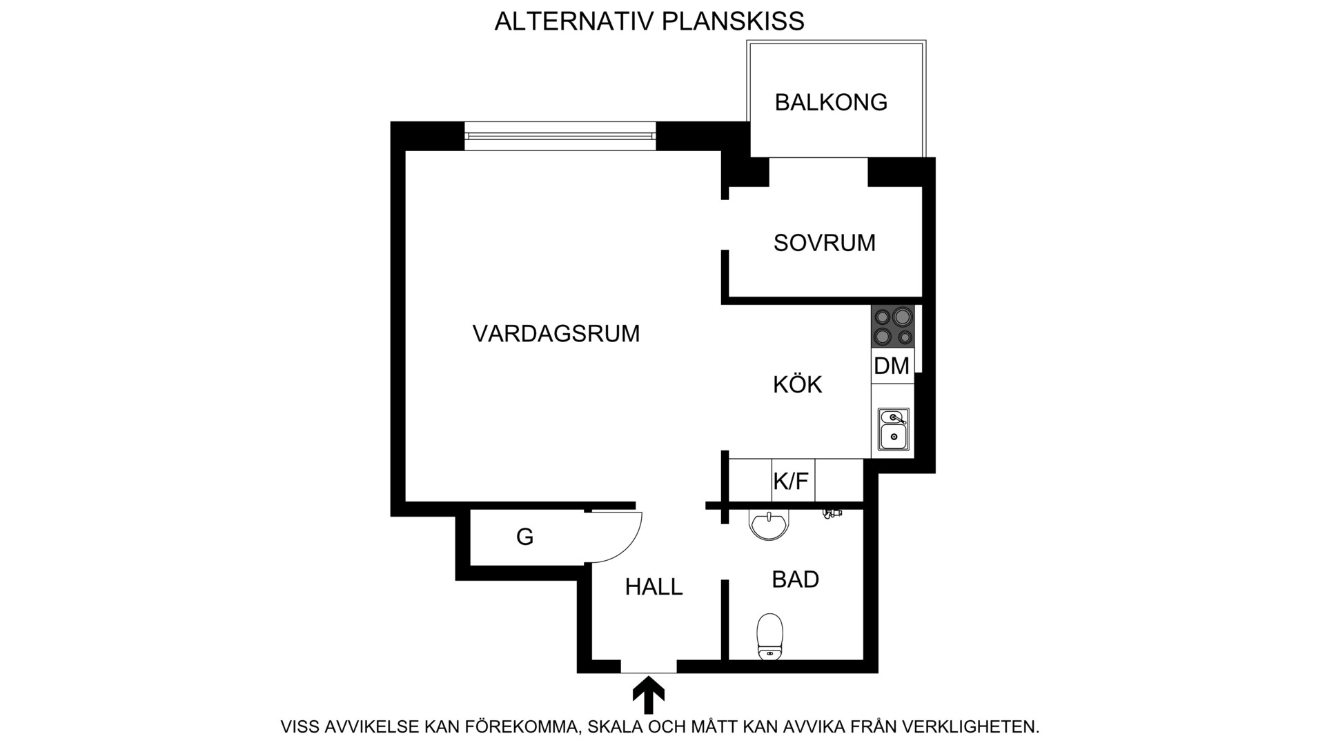 Alternativ planlösning (ej skalenlig, avvikelser kan förekomma) Kungsklippan 14, 7tr