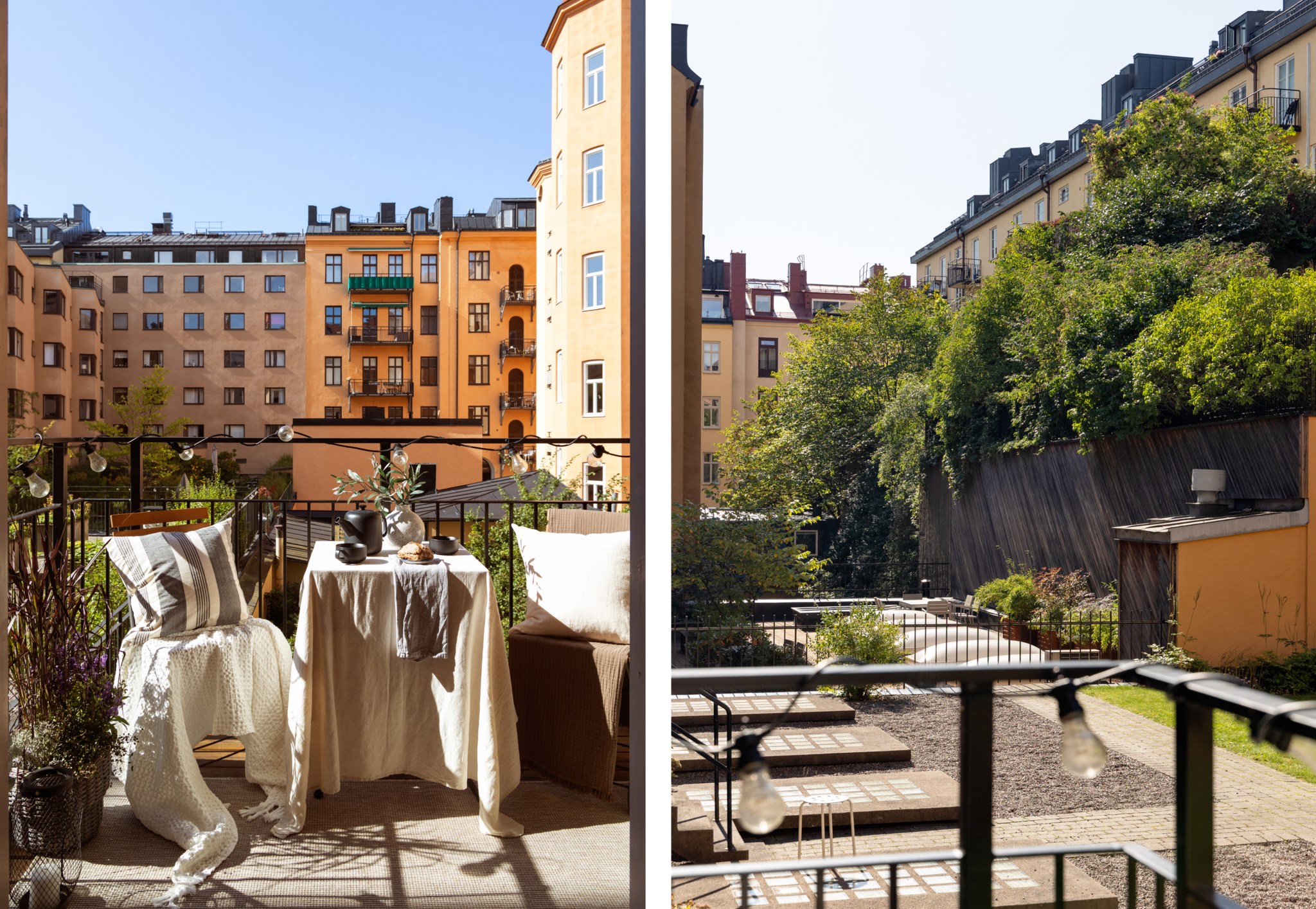 Solig balkong i väster mot grönskande innergård Sibyllegatan 83, 1 tr