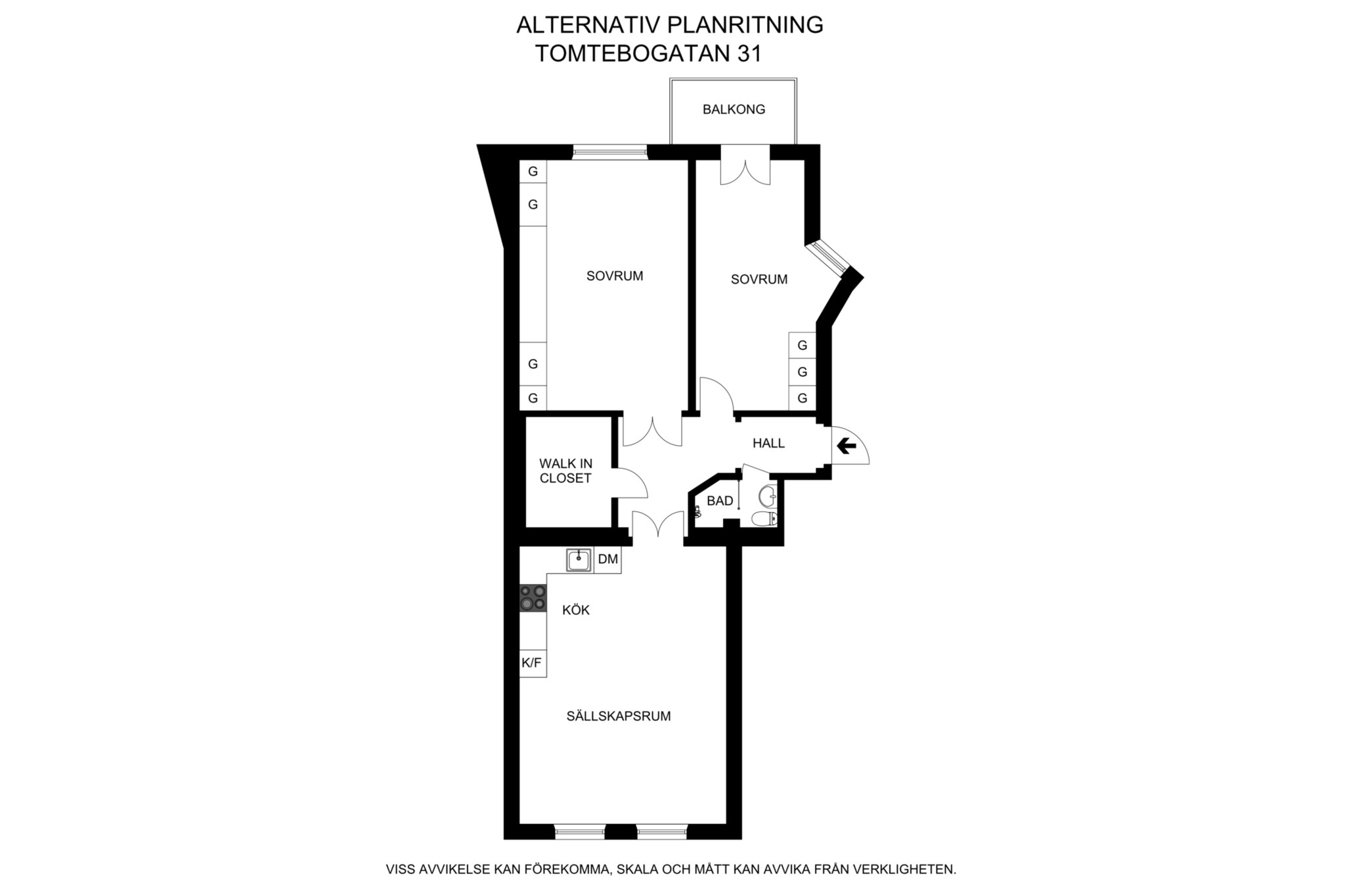 Alternativ planritning 3 rum Tomtebogatan 31, 3 tr