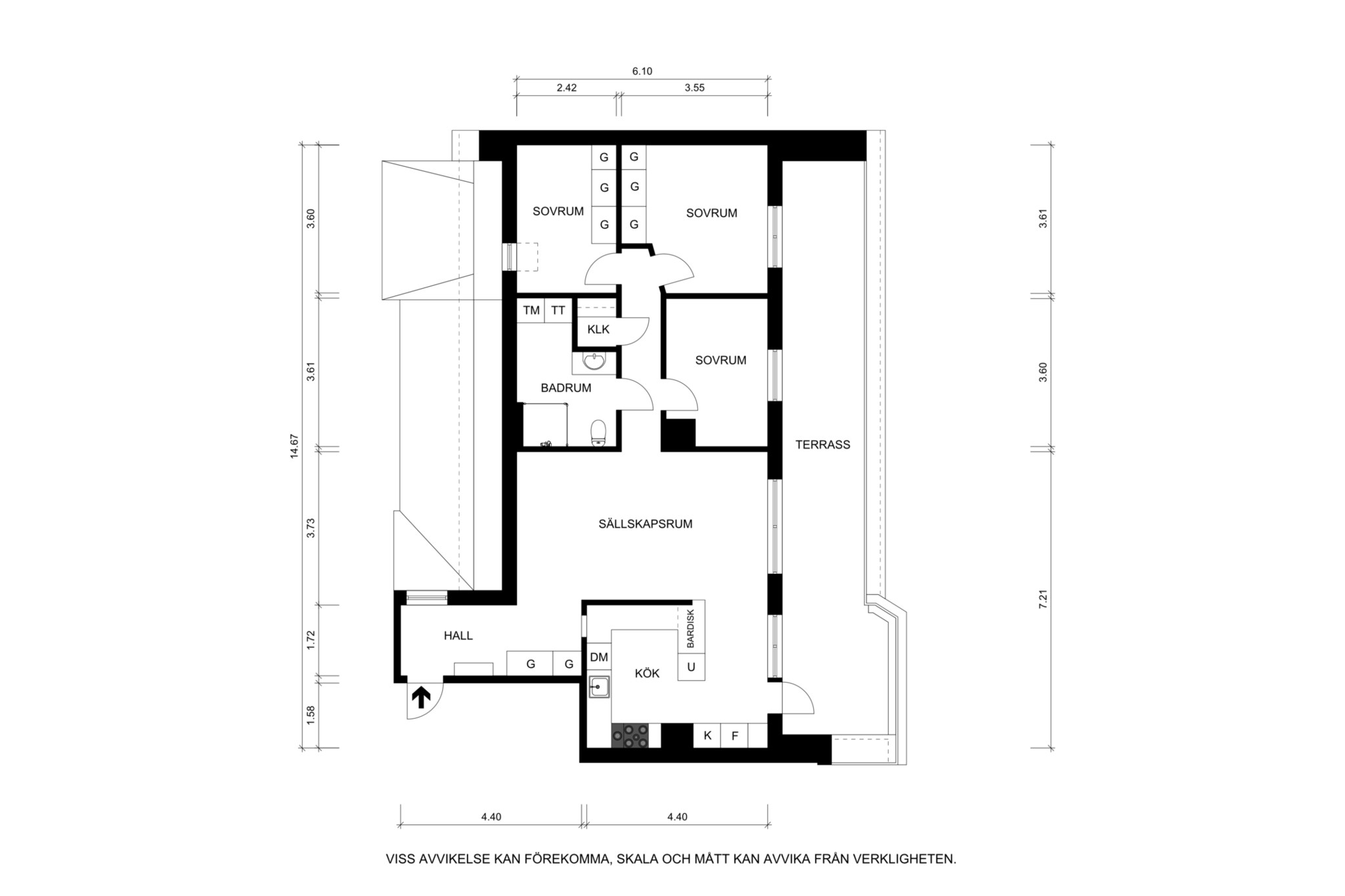 Måttsatt planritning (ej skalenlig, avvikelser kan förekomma) Regeringsgatan 70D, 5 tr