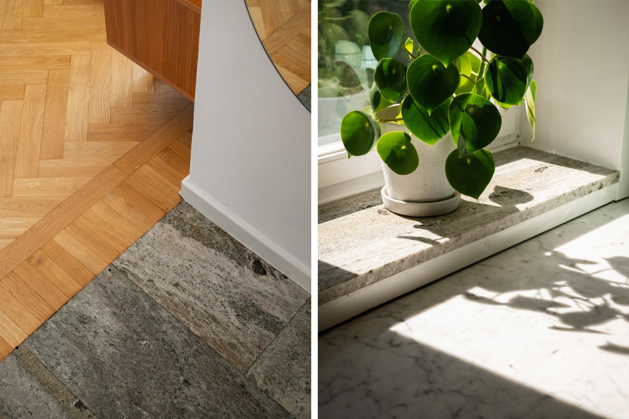 Kolmårdsmarmor på hallgolv och fönsterbänkar Körsbärsvägen 8, 3 tr