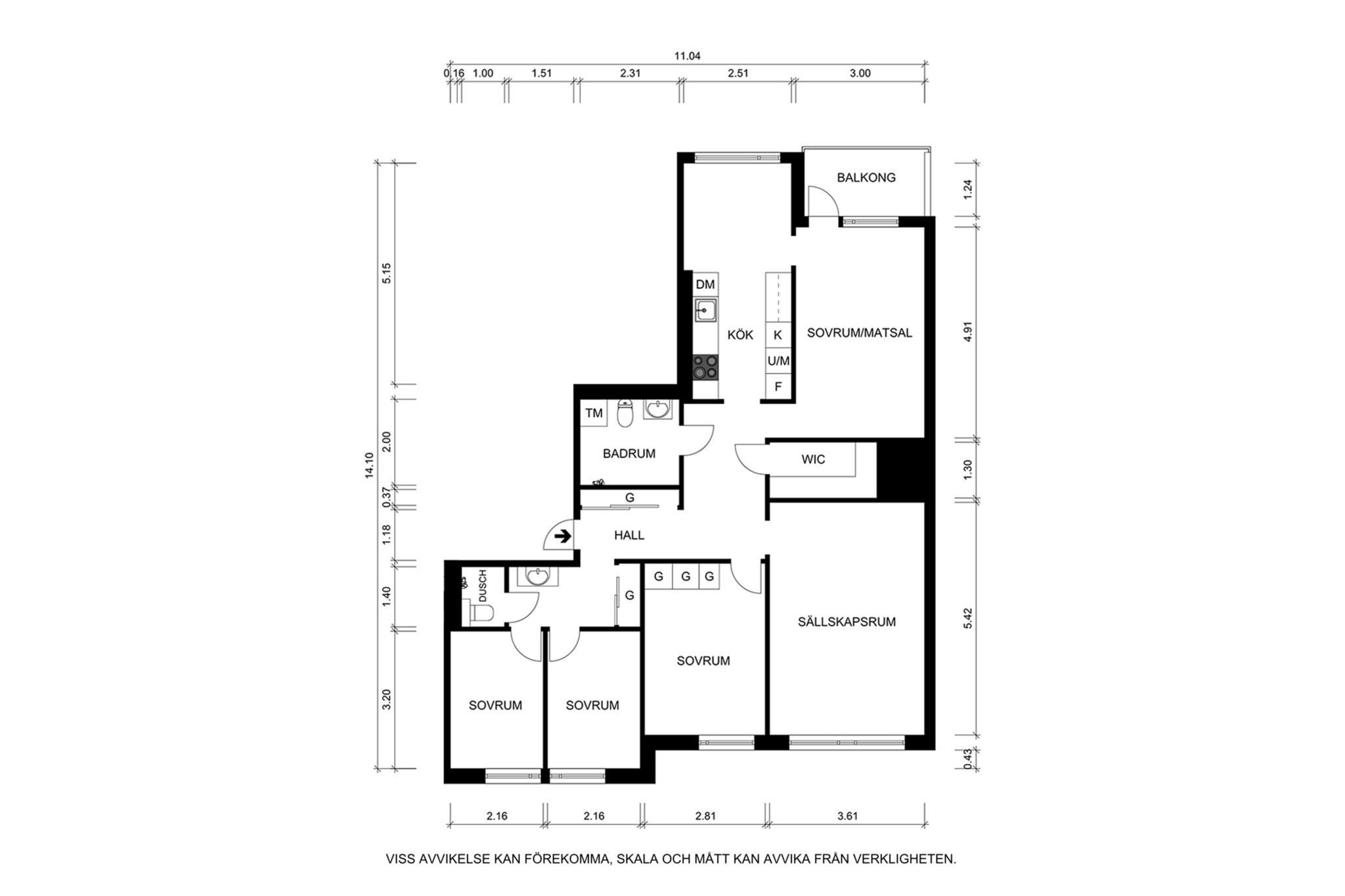 Planritning (ej skalenlig, avvikelser kan förekomma) Blekingegatan 42, 3 tr