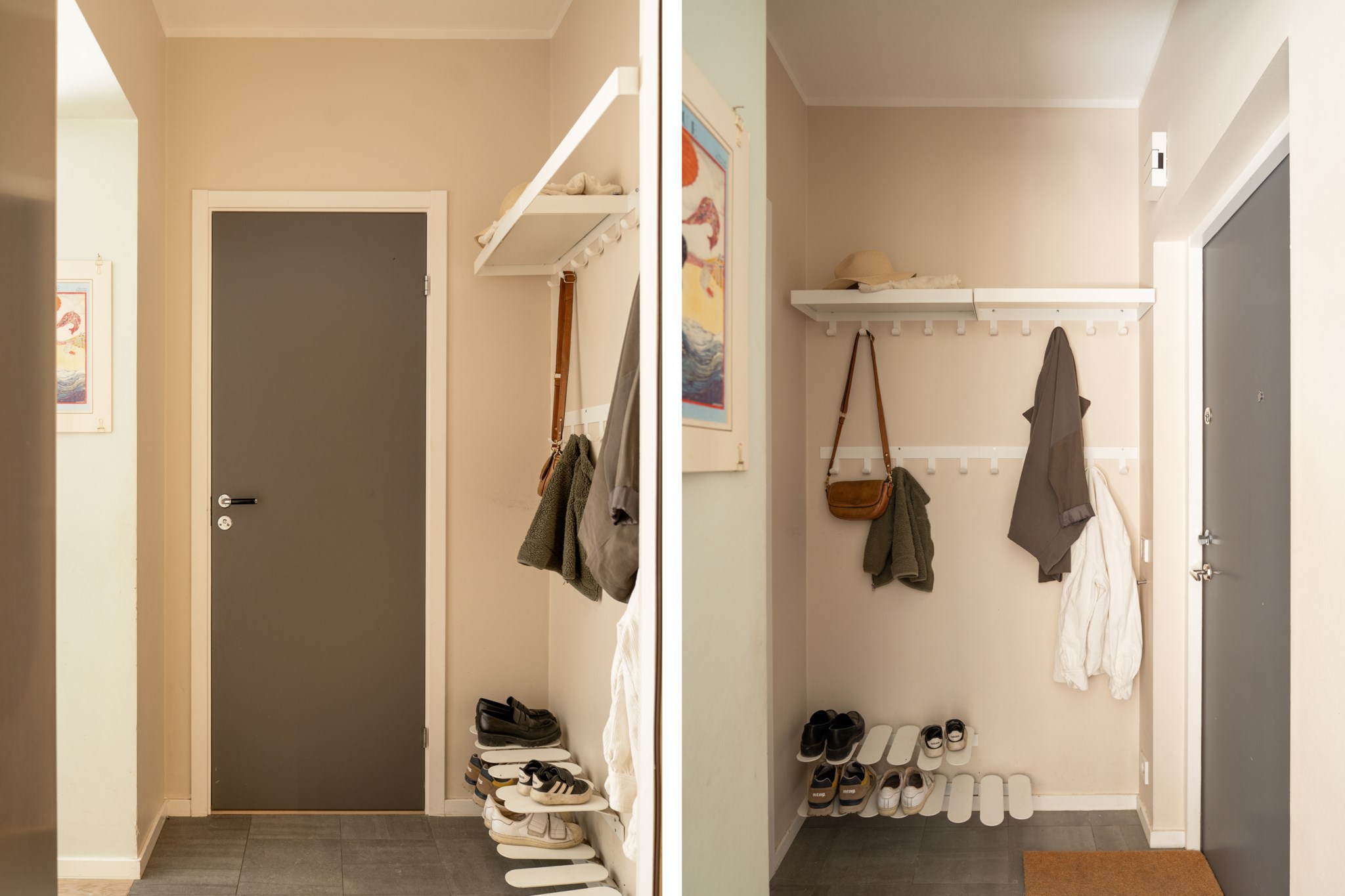 Hall med mörk klinker och säkerhetsdörr Karlavägen 18