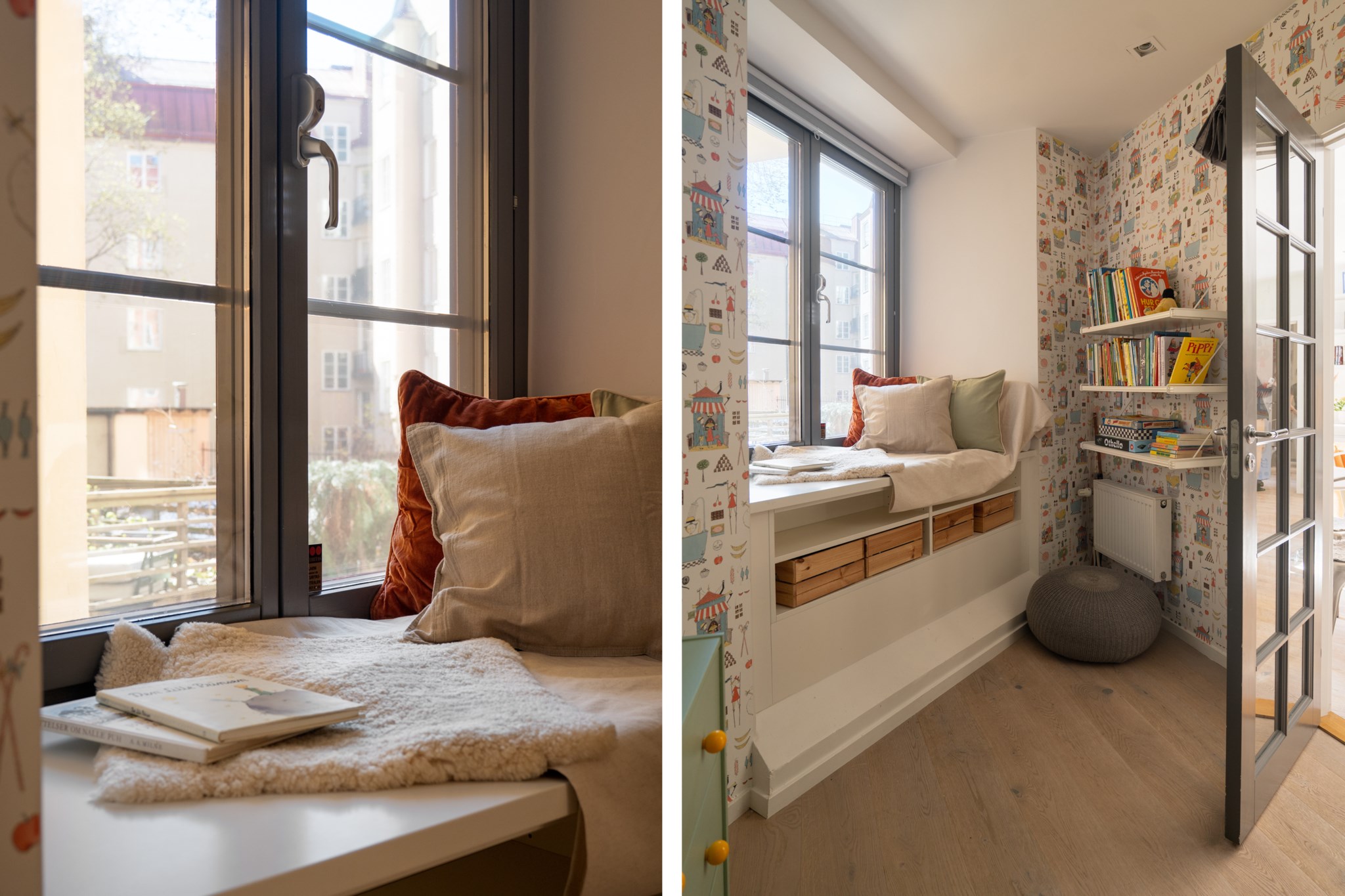 Mysig sittbänk i djup fönsternisch Karlavägen 18