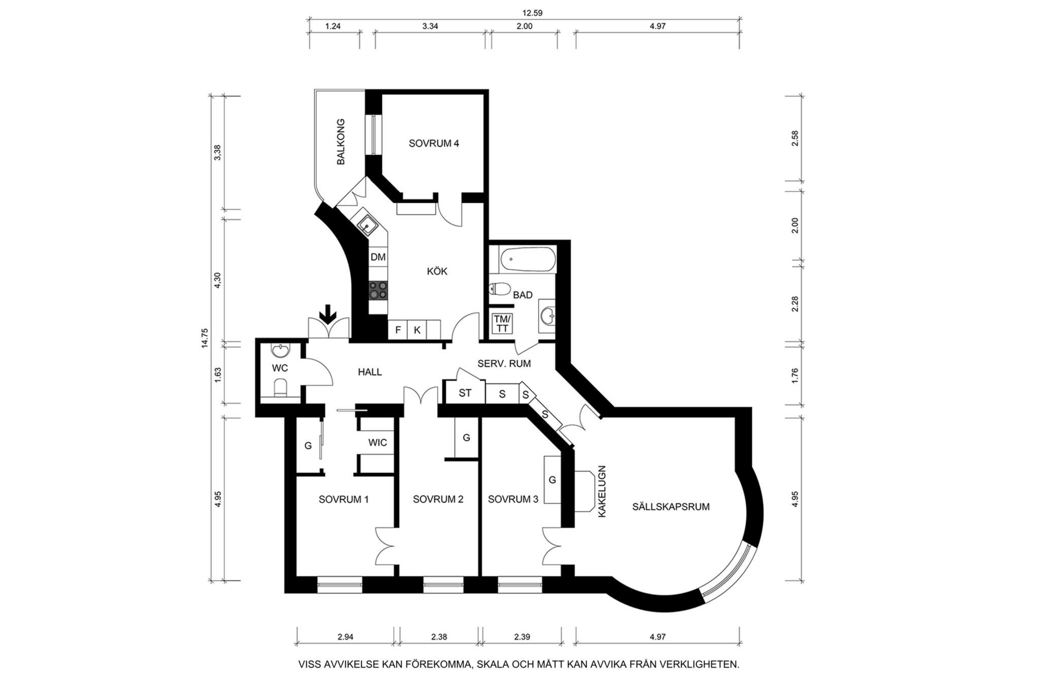 Måttsatt planritning (ej skalenlig, avvikelser kan förekomma) Birger Jarlsgatan 98, 2 tr