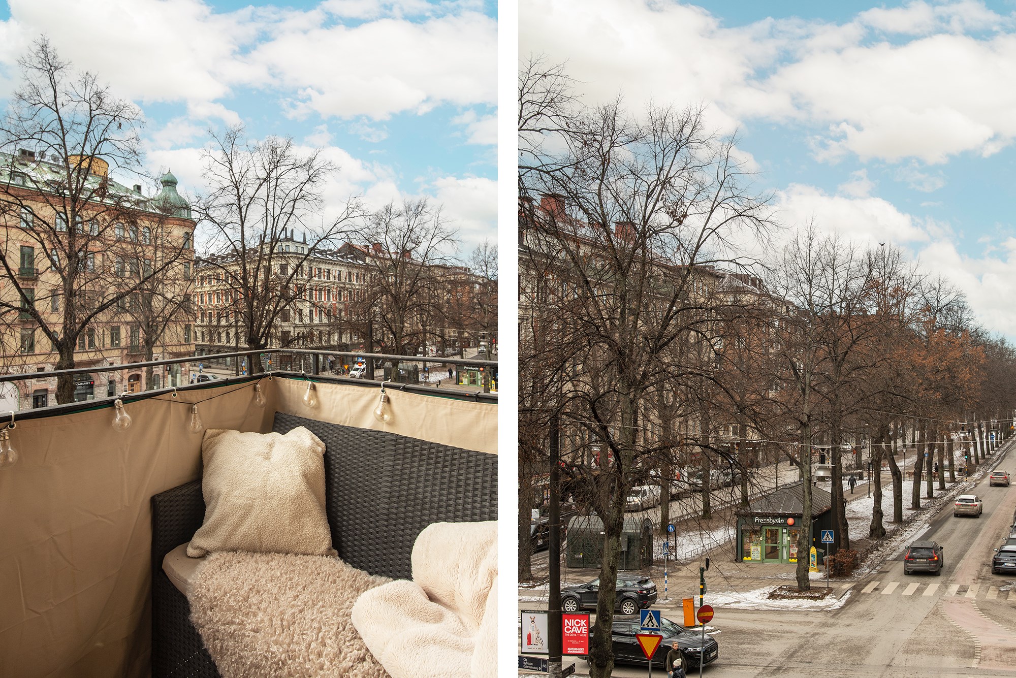 Balkong med utsikt mot Karlavägens allé Karlavägen 73, 2 tr