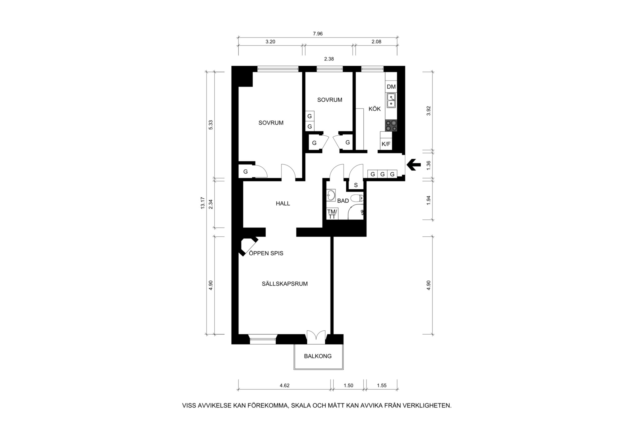 Måttsatt planritning (ej skalenlig, avvikelser kan förekomma) Karlavägen 73, 2 tr