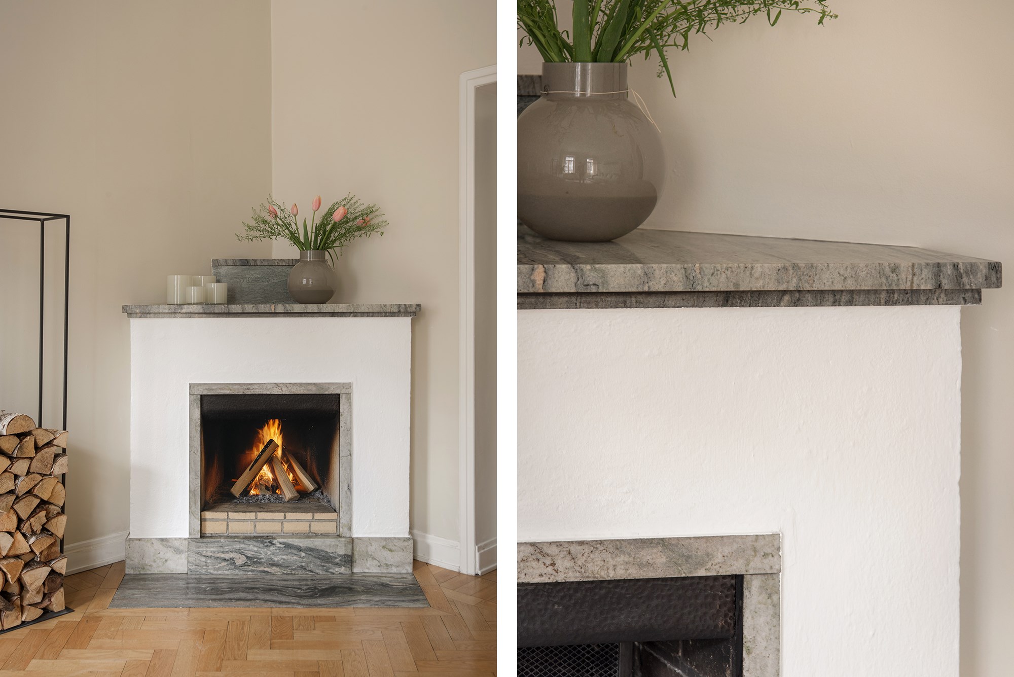 Fungerande öppen spis Karlavägen 73, 2 tr