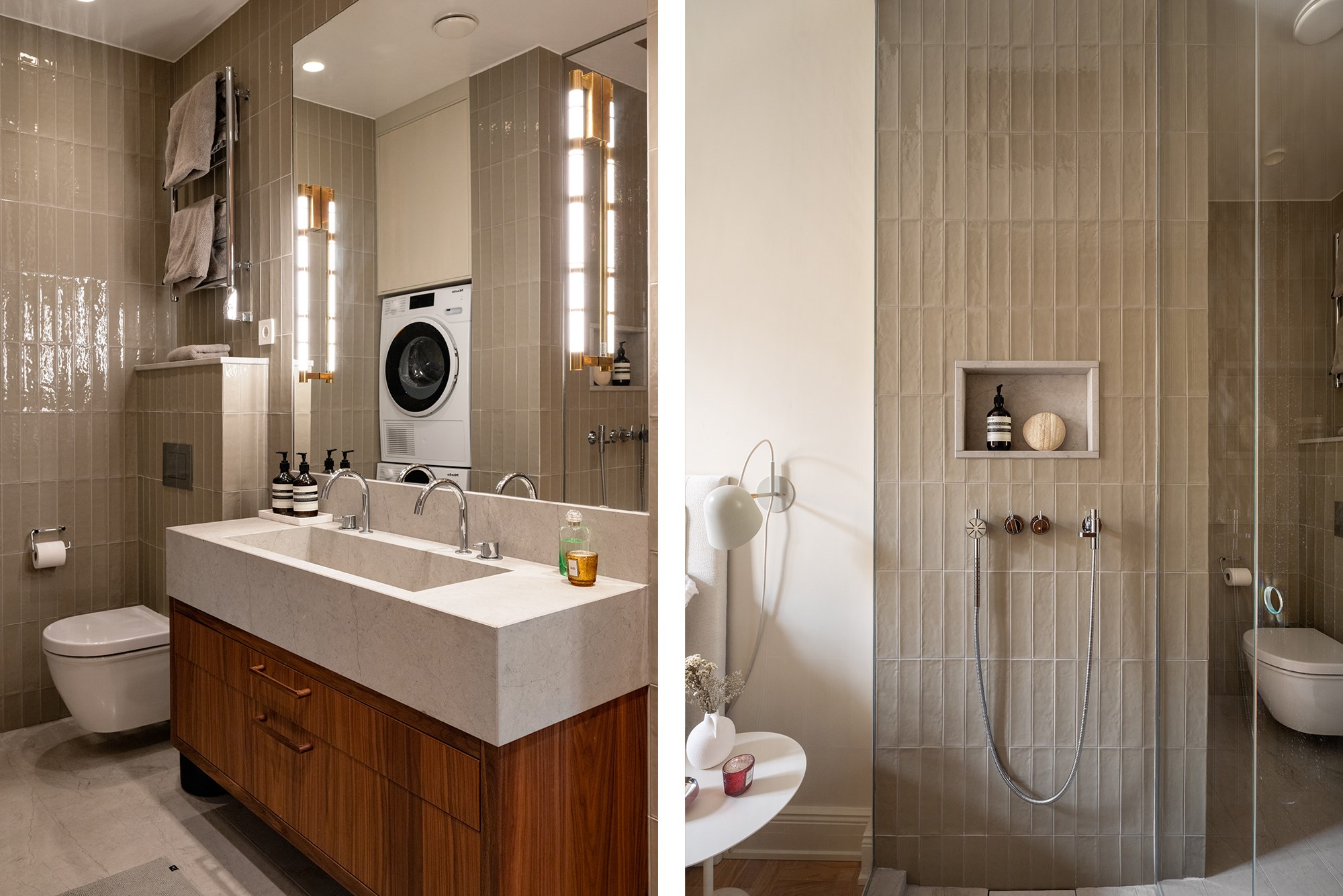 Ett stenmönstrat granitkeramik golv med skön golvvärme möter ett vackert grågrönt väggkakel. Floragatan 17A, 1 tr