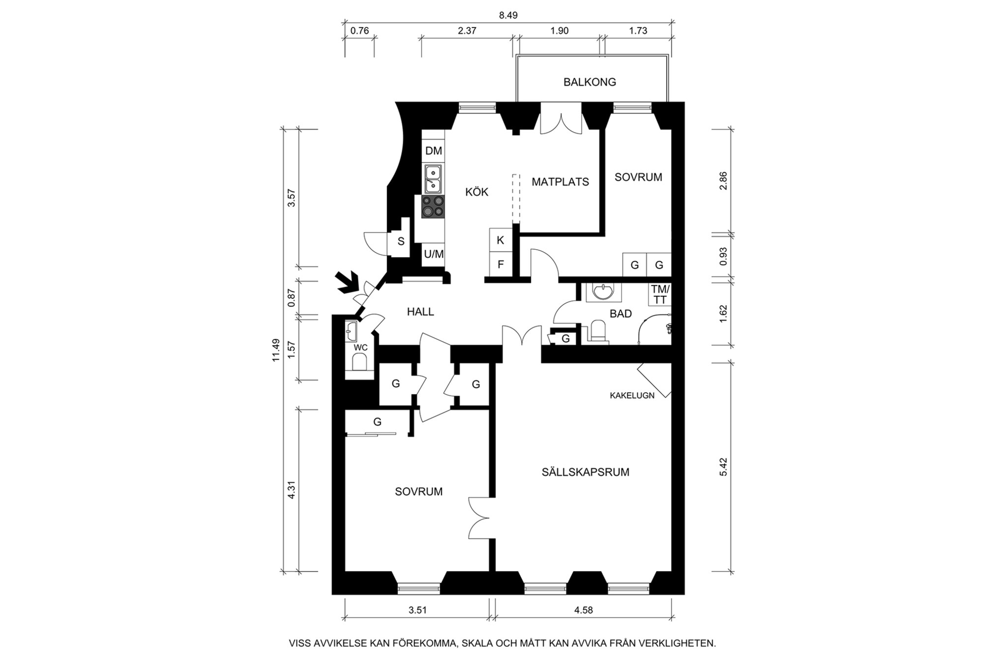 Måttsatt planritning (ej skalenlig, avvikelser kan förekomma) Parkgatan 6