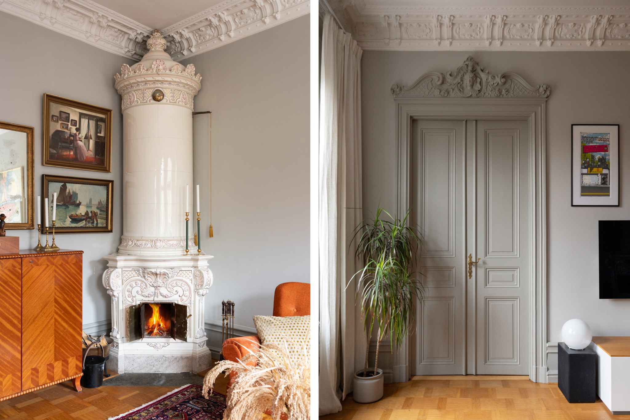 Fungerande kakelugn - Eleganta pardörrar Parkgatan 6