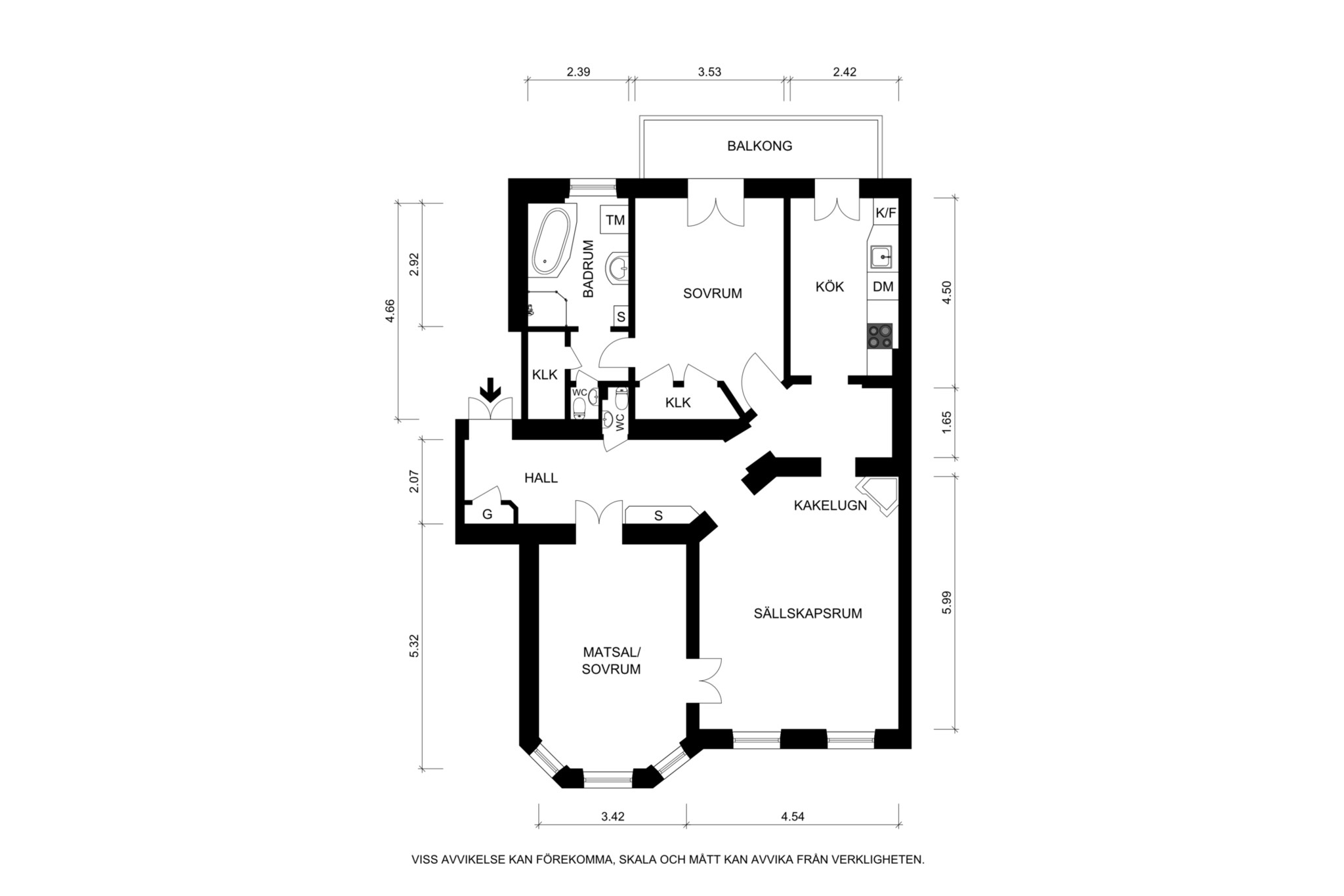 Måttsatt planritning (ej skalenlig, avvikelser kan förekomma) Birger Jarlsgatan 119, 5 tr