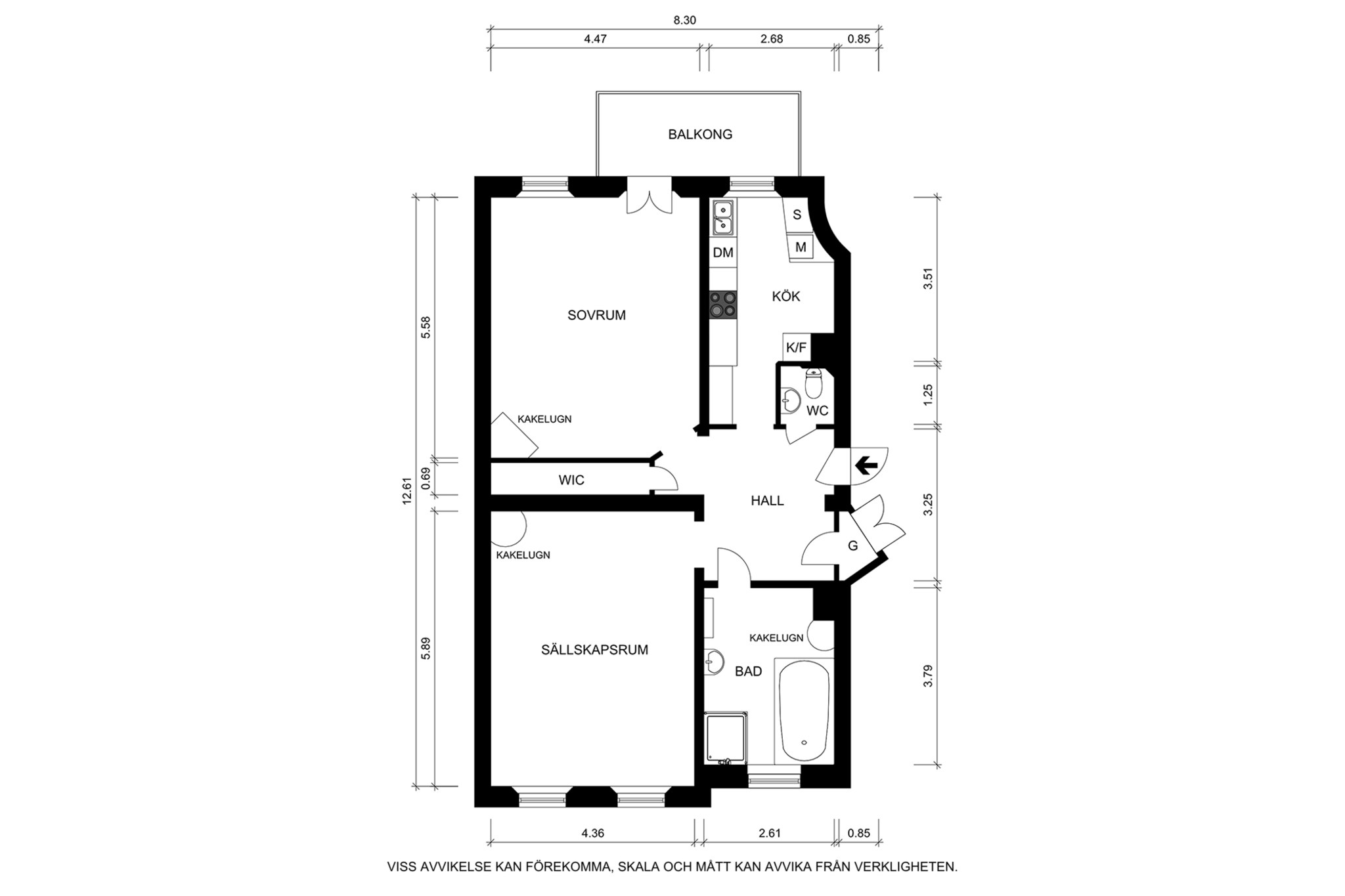 Måttsatt planritning (ej skalenlig, avvikelser kan förekomma) Surbrunnsgatan 7, 3 tr