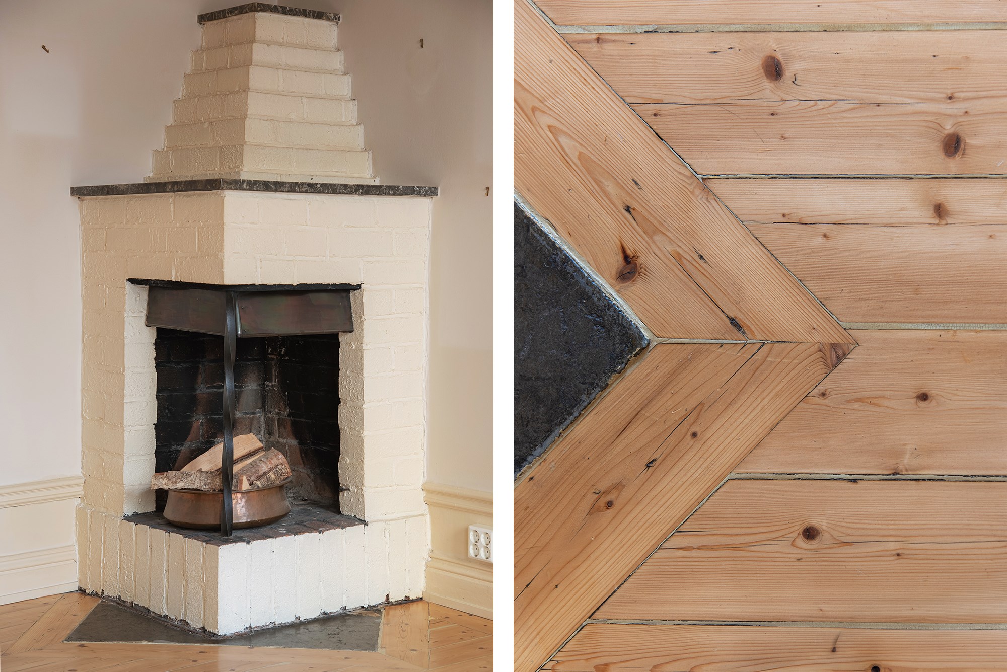 Öppen spis - Trägolv i original Surbrunnsgatan 4, 1 tr