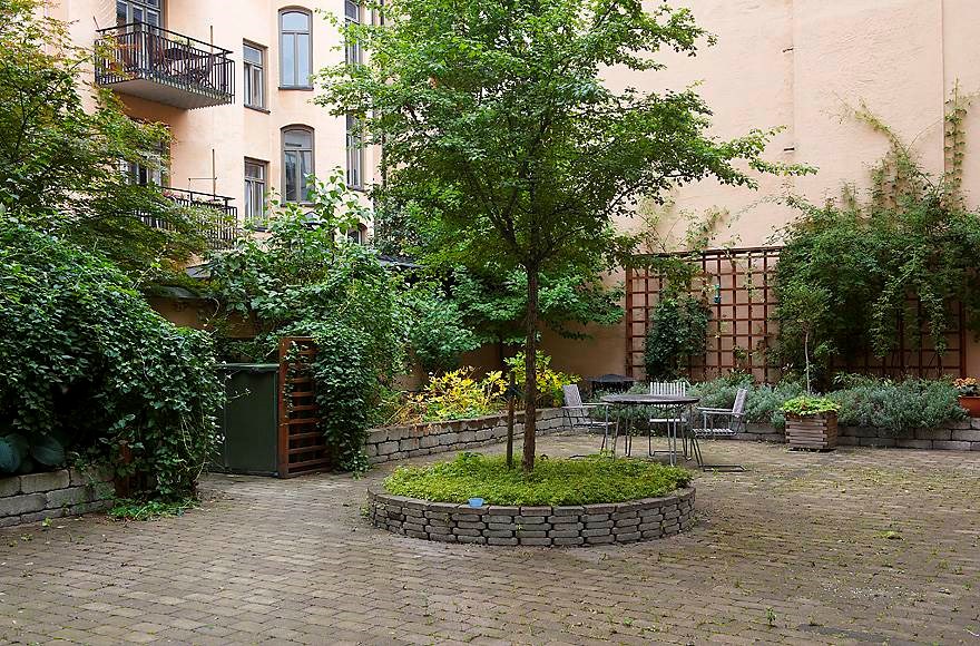 Grönskande innergård Markvardsgatan 6A