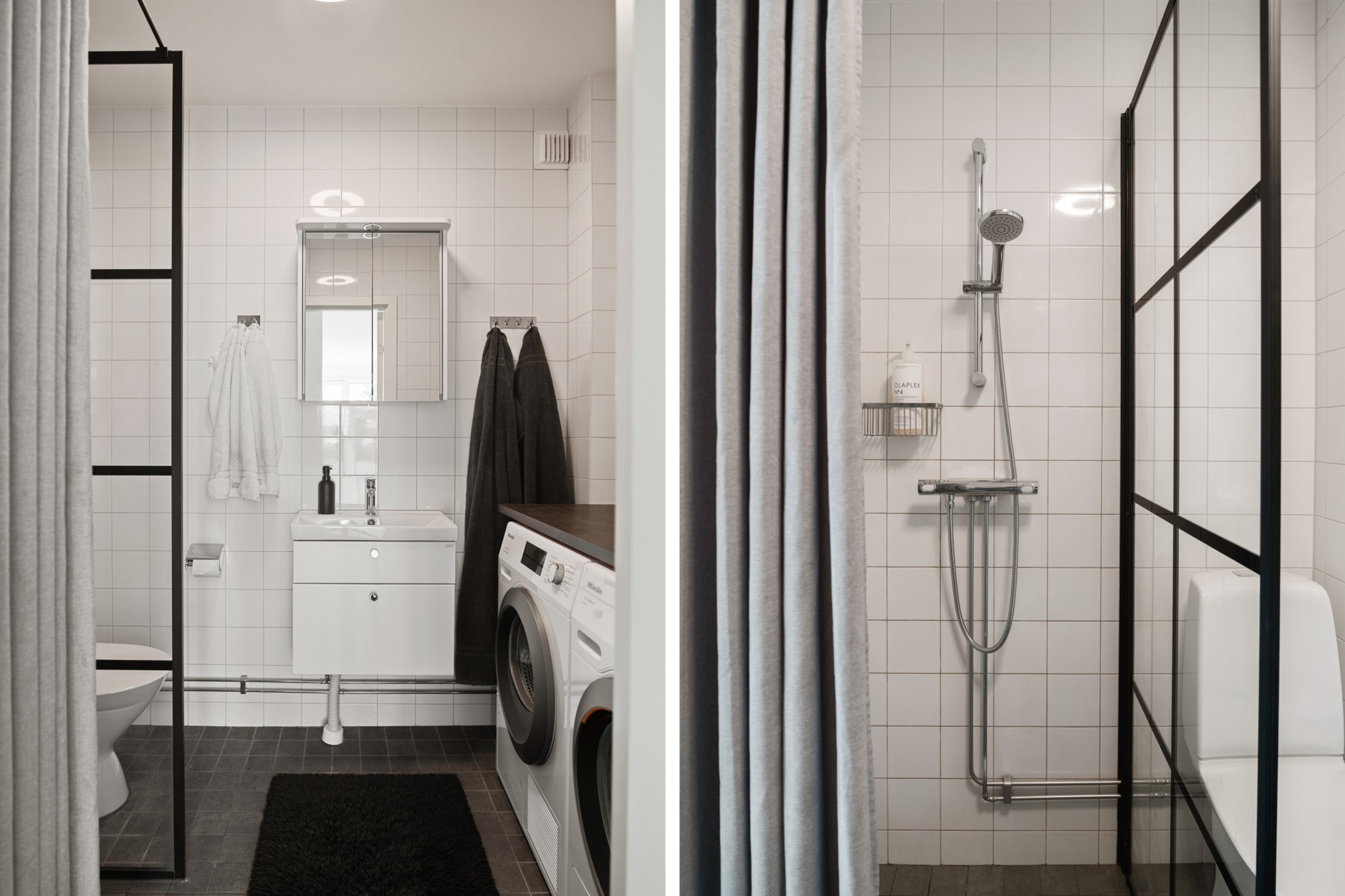 Nyrenoverat badrum med tvättmaskin och torktumlare från Miele Kevingeringen 25