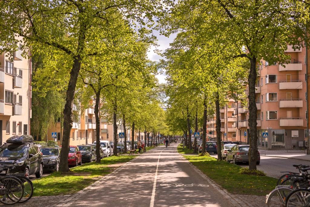 Idyllisk allé och kullerstensgator utanför porten Erik Dahlbergsgatan 37, 2,5TR