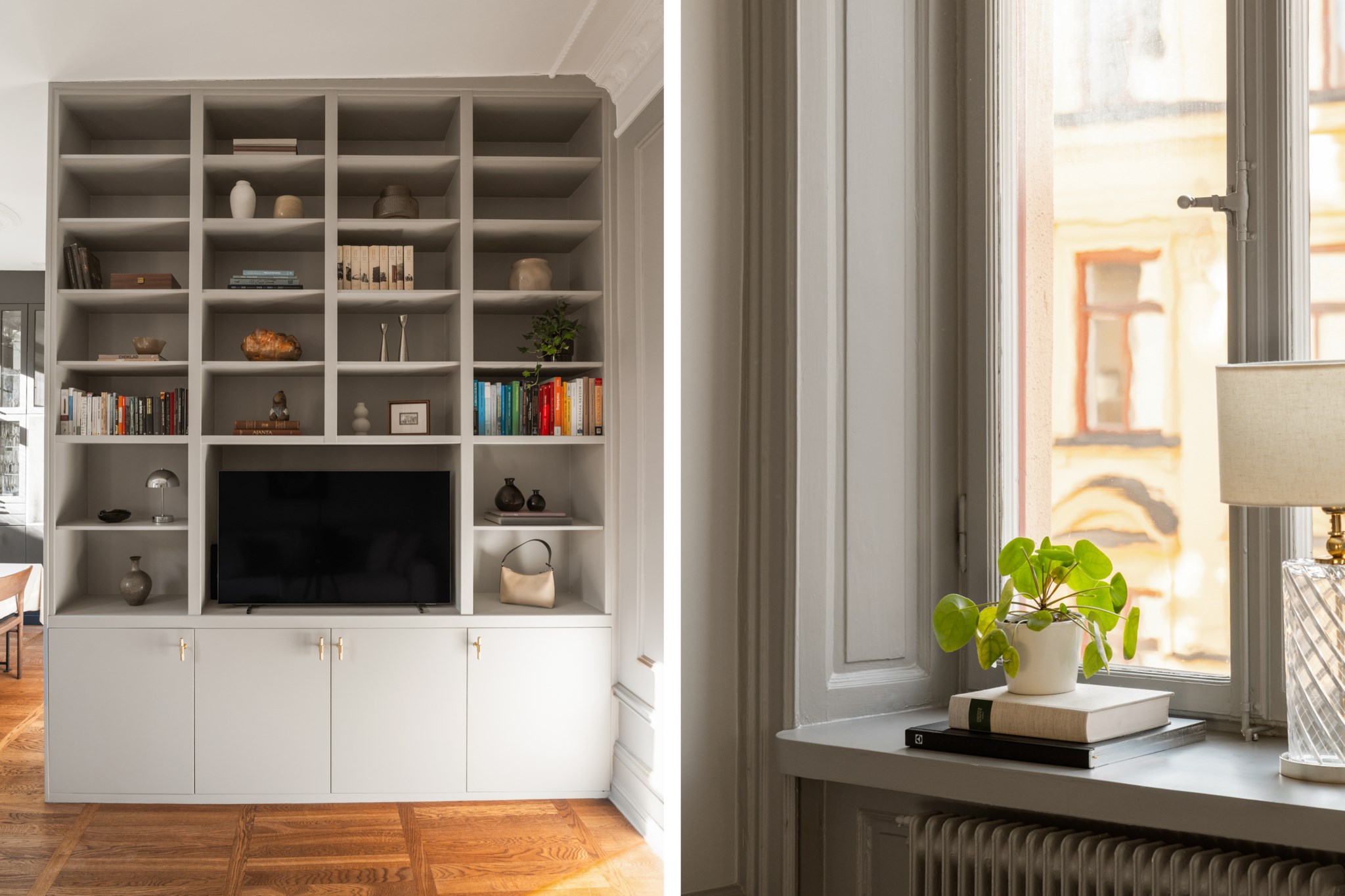 platsbyggd bokhylla - Fona fönster med djupa nischer och speglar Frejgatan 42