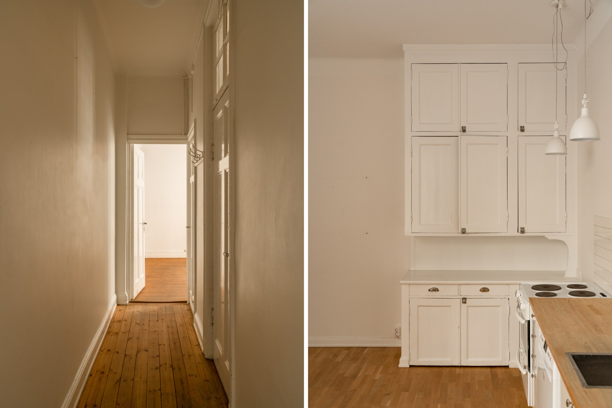 Inre hall med entré till gårdstrapphus - kök med serveringsskåp Drottninggatan 85